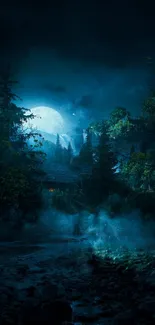 A mystical night scene with a forest under a full moon glow.