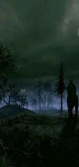 Silhouetted horse in a foggy, moonlit forest scene.