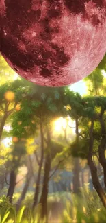 A vibrant moon hangs over a lush green forest in a tranquil wallpaper.