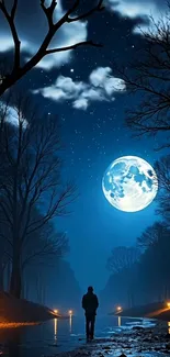 Silhouette of person under moonlit sky in forest.