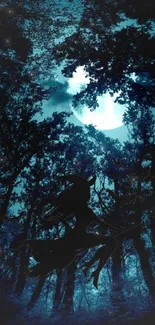 Silhouette in a moonlit forest at night.