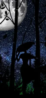 A silhouette in a moonlit forest with a starry sky.