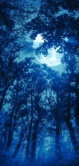 Moonlit forest wallpaper with glowing trees and moon.