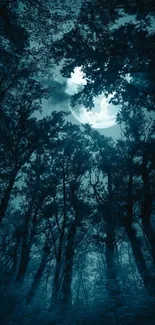 Moonlit forest with silhouetted trees and glowing full moon.