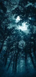 A moonlit forest with silhouetted trees and a glowing full moon.