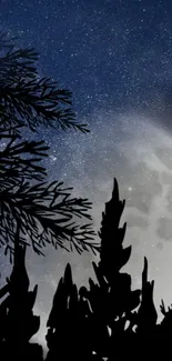 Silhouetted forest with moonlit sky and sparkling stars.