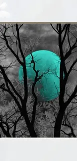 Silhouetted trees and turquoise moon in a mystical forest scene.