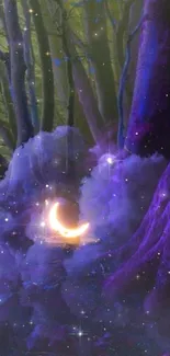 Mystical moonlit forest with purple hues and stars, featuring a glowing crescent moon.