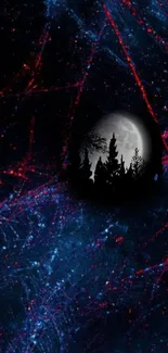 Moonlit forest with cosmic red and blue hues, creating a mystical mobile wallpaper.