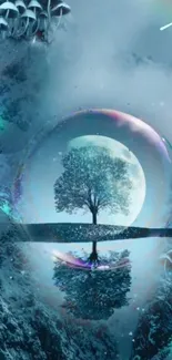 Mystical forest with moonlit tree reflection in a surreal, dreamy setting.