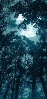 Moonlit forest with silhouetted trees under a glowing full moon.