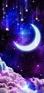 Crescent moon in a purple galaxy with stars and clouds.