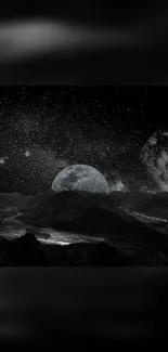 Mystical moonlit galaxy with stars and mountains in dark theme wallpaper.