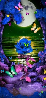 Enchanting blue roses and butterflies under a mystical moonlit sky.