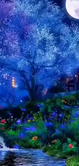 Enchanting moonlit garden under a tranquil night sky.