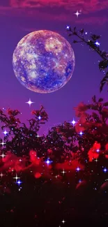 A vibrant night scene with a colorful moon over a starry, floral garden.