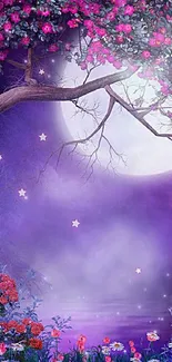 Mystical garden with moon and flowers in a purple night sky.