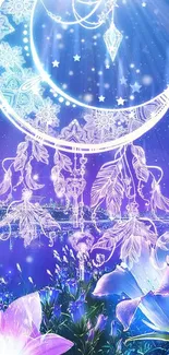 Crescent moon with dreamcatcher in a starry mystic garden background.