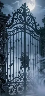 Gothic iron gate under a full moon with swirling fog.
