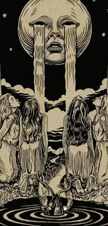 Mystical artwork with moon and women in tarot style.