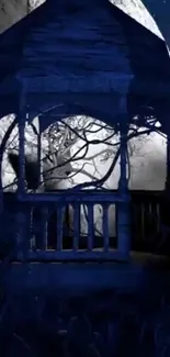 Mystical gazebo under a moonlit sky.