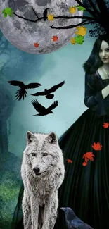 Gothic woman with wolf under moonlit sky, surrounded by crows and leaves.