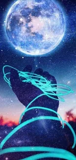 Hand reaching towards moon with glowing cyan strings under starry sky.