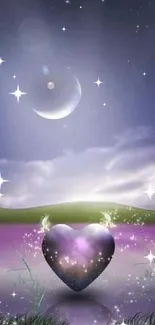 Mystical scene wallpaper with moon, lake, and glowing heart.