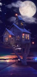 Mystical tree house under moonlit night sky.