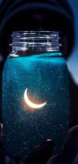 Mystical jar with glowing crescent moon against a starry night background.