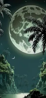 Moonlit jungle scene with palm trees and river.