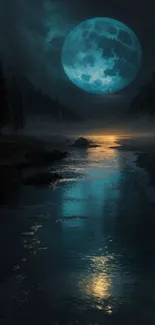 A serene lake under a large glowing moon.