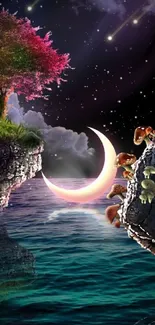 Magical night scene with crescent moon, colorful trees, and mystical sea.