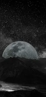 Moonlit landscape with stars and galaxy in a dark cosmic theme.