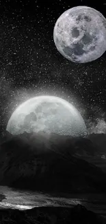 Moonlit landscape with night sky and stars on mobile wallpaper.