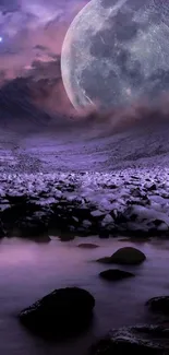 Moonlit landscape in purple tones with stars and water reflections.