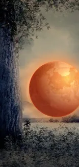 Orange moon in a mystical landscape at twilight.