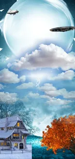 Mystical landscape with luminous orb over dark hill.