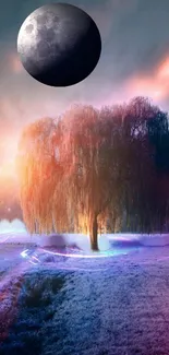 Surreal landscape with moonlit tree under a vibrant sky.