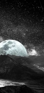 Moonlit landscape with stars and mountains creating a mystical night scene.