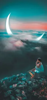 Serene figure under crescent moon over clouds.