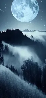 A mystical landscape with a full moon and misty mountains at night.