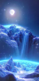 Mystical landscape with moon and blue waterfalls in digital art.