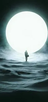 A lone figure walks under a bright full moon, casting a mystical glow on the landscape.