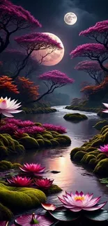 Mystical moonlit night with luminous lotus flowers and serene nature.