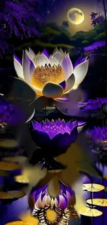 Mystical wallpaper with a moonlit lotus and purple tones.