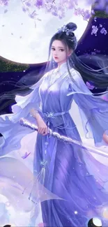 Mystical maiden under a moonlit sky with a flowing purple dress.