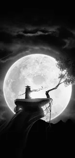 Samurai meditating beneath a full moon in a serene, mystical night scene.