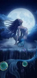 Beautiful moonlit mermaid in a mystical ocean scene with bubbles.