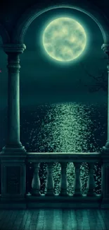 Full moon illuminating ocean through ancient columns on a mobile wallpaper.